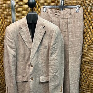 8943 Sarar Men's Tan “Copper” Linen Suit Pants 34 Coat 40R Made in Turkey
